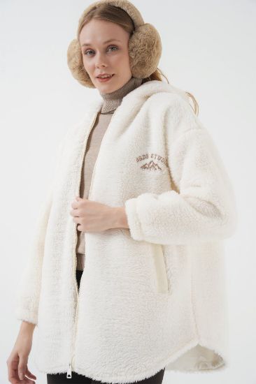 9102 Oversize Kapüşonlu Beyaz Peluş Kaban resmi